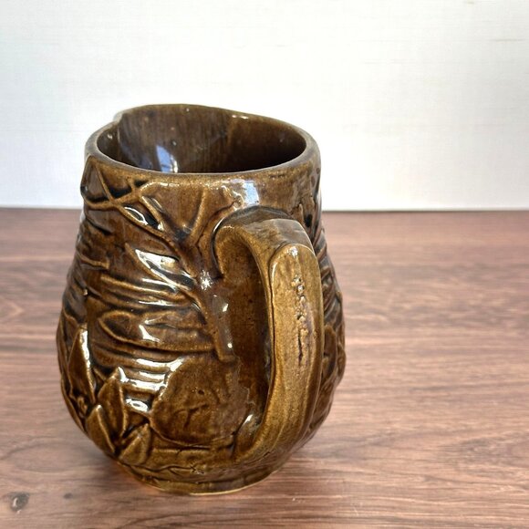 Vintage 1930s McCoy Brown Lotus Water Lily Pitcher 5" Tall Ceramic Embossed - Picture 3 of 9